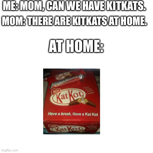 KatKot | ME: MOM, CAN WE HAVE KITKATS. MOM: THERE ARE KITKATS AT HOME. AT HOME: | image tagged in memes,blank transparent square,kitkat,katkot,mom can we have | made w/ Imgflip meme maker