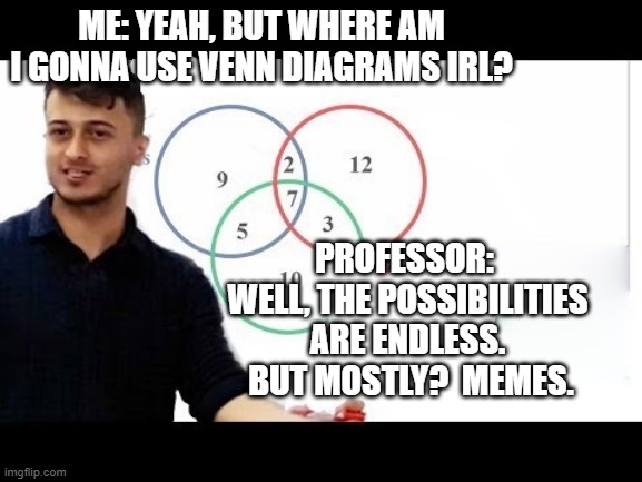 ME: YEAH, BUT WHERE AM I GONNA USE VENN DIAGRAMS IRL? PROFESSOR:  WELL, THE POSSIBILITIES ARE ENDLESS.  BUT MOSTLY?  MEMES. | image tagged in venn diagram | made w/ Imgflip meme maker