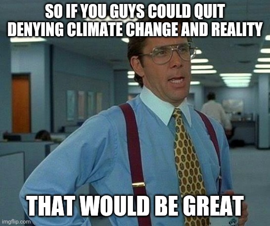 Climate change is happening.  Accept it. | SO IF YOU GUYS COULD QUIT DENYING CLIMATE CHANGE AND REALITY; THAT WOULD BE GREAT | image tagged in memes,that would be great | made w/ Imgflip meme maker