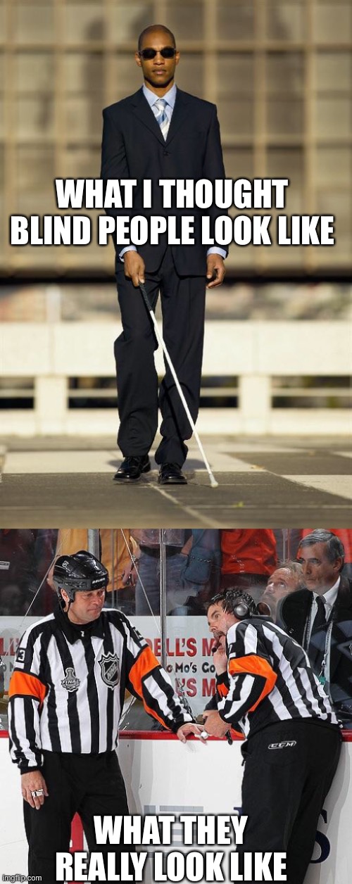 City note: WHAT A ROAST |  WHAT I THOUGHT BLIND PEOPLE LOOK LIKE; WHAT THEY REALLY LOOK LIKE | image tagged in blindman,hockey referee | made w/ Imgflip meme maker