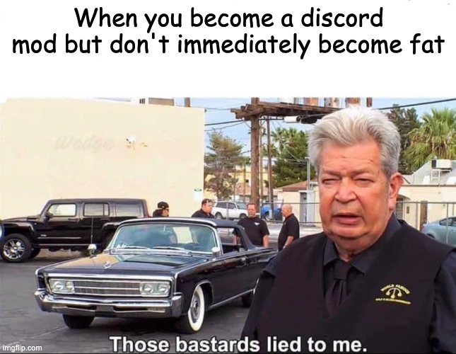Those bastards lied to me | When you become a discord mod but don't immediately become fat | image tagged in those bastards lied to me | made w/ Imgflip meme maker