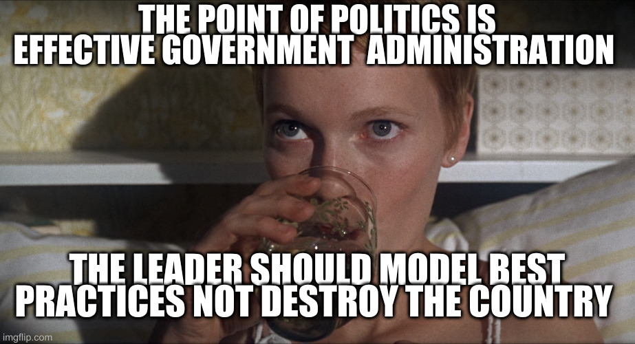unlike rumptlestiltskin | THE POINT OF POLITICS IS EFFECTIVE GOVERNMENT  ADMINISTRATION; THE LEADER SHOULD MODEL BEST PRACTICES NOT DESTROY THE COUNTRY | image tagged in rosemary,rumpt | made w/ Imgflip meme maker