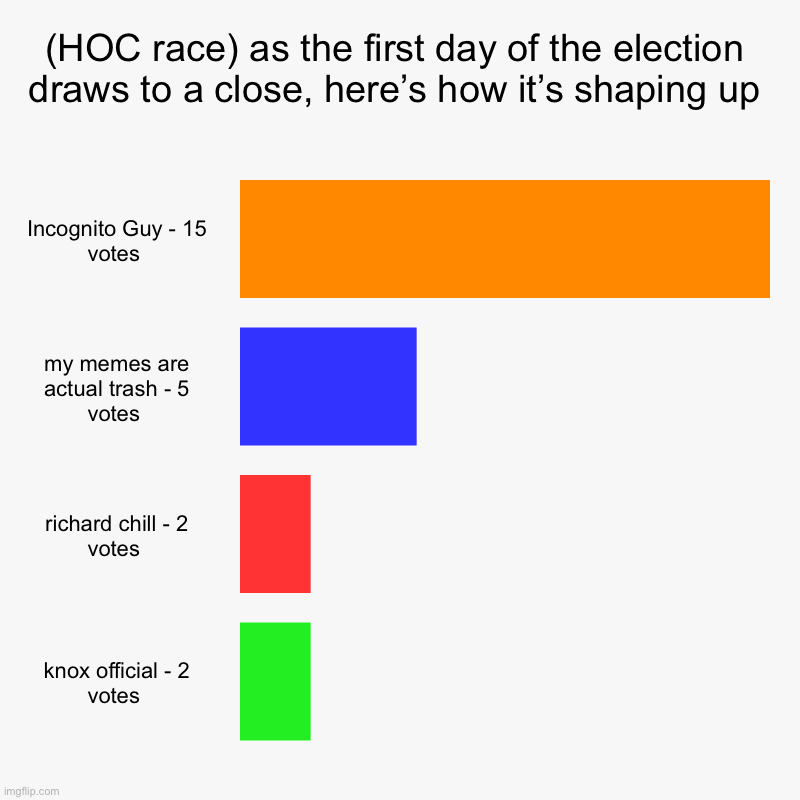 (HOC race) as the first day of the election draws to a close, here’s how it’s shaping up  | Incognito Guy - 15 votes , my memes are actual t | image tagged in charts,bar charts | made w/ Imgflip chart maker