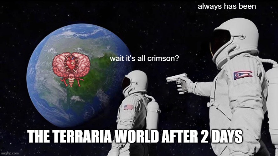 Always Has Been Meme | always has been; wait it's all crimson? THE TERRARIA WORLD AFTER 2 DAYS | image tagged in memes,always has been | made w/ Imgflip meme maker