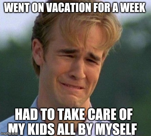 1990s First World Problems |  WENT ON VACATION FOR A WEEK; HAD TO TAKE CARE OF MY KIDS ALL BY MYSELF | image tagged in memes,1990s first world problems | made w/ Imgflip meme maker
