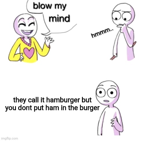 caption | they call it hamburger but you dont put ham in the burger | image tagged in blow my mind | made w/ Imgflip meme maker
