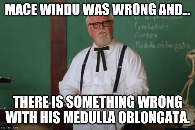 Waterboy Colonel Sanders | MACE WINDU WAS WRONG AND... THERE IS SOMETHING WRONG WITH HIS MEDULLA OBLONGATA. | image tagged in waterboy colonel sanders | made w/ Imgflip meme maker