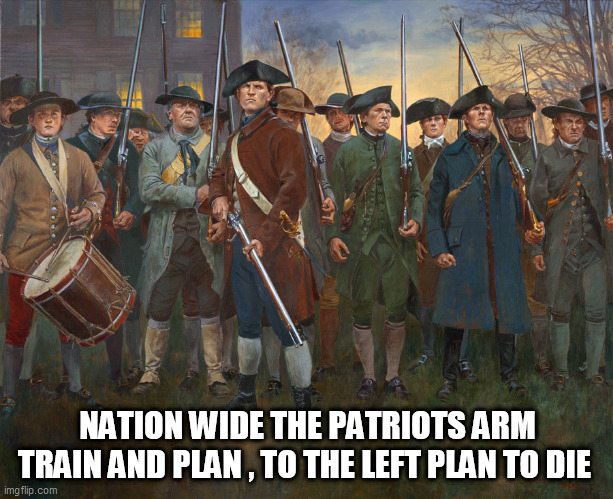 revolutionary militia | NATION WIDE THE PATRIOTS ARM TRAIN AND PLAN , TO THE LEFT PLAN TO DIE | image tagged in revolutionary militia | made w/ Imgflip meme maker