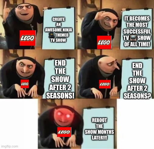 NinJago | CREATE AN AWESOME NINJA 🥷 THEMED TV SHOW; IT BECOMES THE MOST SUCCESSFUL TV 📺 SHOW OF ALL TIME! END THE SHOW AFTER 2 SEASONS! END THE SHOW AFTER 2 SEASONS? REBOOT THE SHOW MONTHS LATER!!! | image tagged in gru's plan red eyes edition | made w/ Imgflip meme maker