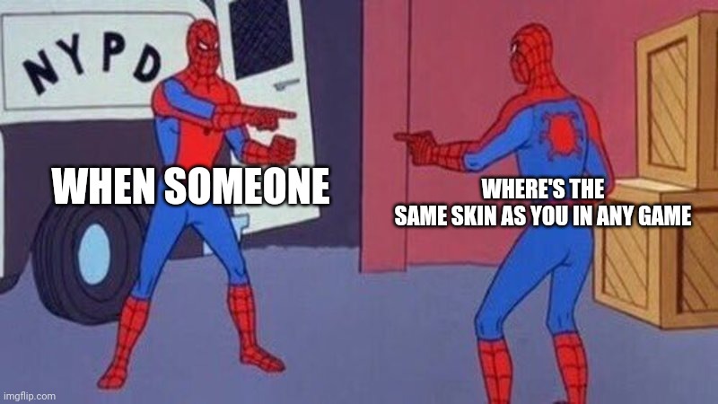 True | WHEN SOMEONE; WHERE'S THE SAME SKIN AS YOU IN ANY GAME | image tagged in spiderman pointing at spiderman | made w/ Imgflip meme maker
