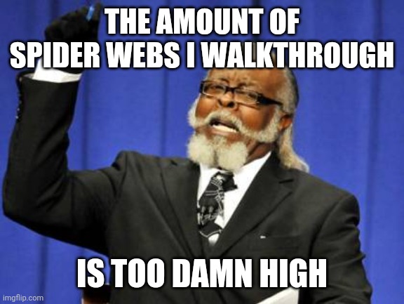 Too Damn High Meme | THE AMOUNT OF SPIDER WEBS I WALKTHROUGH; IS TOO DAMN HIGH | image tagged in memes,too damn high,AdviceAnimals | made w/ Imgflip meme maker