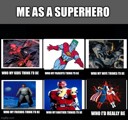 What my friends think I do | ME AS A SUPERHERO; WHO MY KIDS THINK I'D BE; WHO MY WIFE THINKS I'D BE; WHO MY PARENTS THINK I'D BE; WHO MY FRIENDS THINK I'D BE; WHO MY BROTHER THINKS I'D BE; WHO I'D REALLY BE | image tagged in what my friends think i do | made w/ Imgflip meme maker