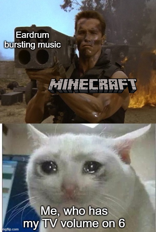 *Dies in deaf* | Eardrum bursting music; Me, who has my TV volume on 6 | image tagged in get ready for the boom,crying cat,minecraft | made w/ Imgflip meme maker