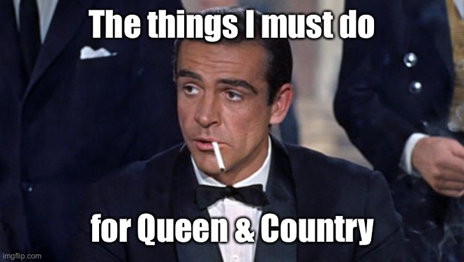 James Bond | The things I must do for Queen & Country | image tagged in james bond | made w/ Imgflip meme maker