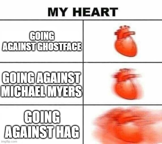 Hag scares me | GOING AGAINST GHOSTFACE; GOING AGAINST MICHAEL MYERS; GOING AGAINST HAG | image tagged in my heart blank,dead by daylight | made w/ Imgflip meme maker