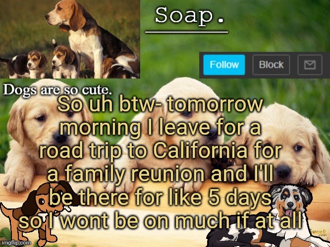 Soap doggo temp | So uh btw- tomorrow morning I leave for a road trip to California for a family reunion and I'll be there for like 5 days so I wont be on much if at all | image tagged in soap doggo temp ty yachi | made w/ Imgflip meme maker