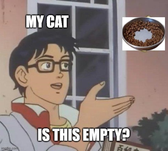Is This A Pigeon | MY CAT; IS THIS EMPTY? | image tagged in memes,is this a pigeon,cat,relatable | made w/ Imgflip meme maker