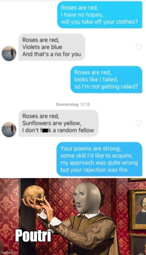 Ah yes, poutri | image tagged in poetry,texts,funny,memes,lol,rejection | made w/ Imgflip meme maker