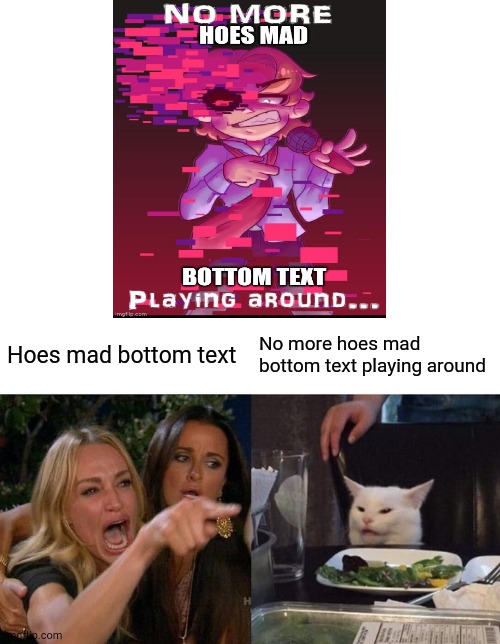 Woman Yelling At Cat Meme | Hoes mad bottom text; No more hoes mad bottom text playing around | image tagged in memes,woman yelling at cat | made w/ Imgflip meme maker