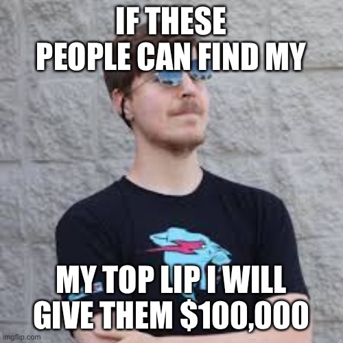 mrbeast | IF THESE PEOPLE CAN FIND MY; MY TOP LIP I WILL GIVE THEM $100,000 | image tagged in mrbeast | made w/ Imgflip meme maker