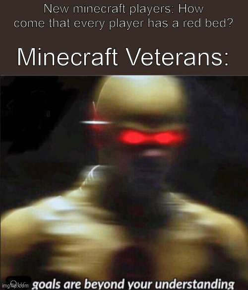It's true! | New minecraft players: How come that every player has a red bed? Minecraft Veterans:; Our | image tagged in my goals are beyond your understanding | made w/ Imgflip meme maker