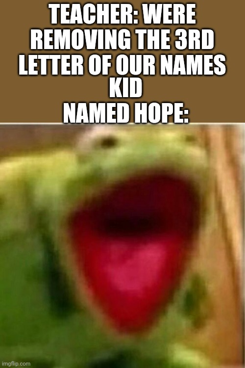 AHHHHHHHHHHHHH | KID NAMED HOPE:; TEACHER: WERE REMOVING THE 3RD LETTER OF OUR NAMES | image tagged in ahhhhhhhhhhhhh | made w/ Imgflip meme maker