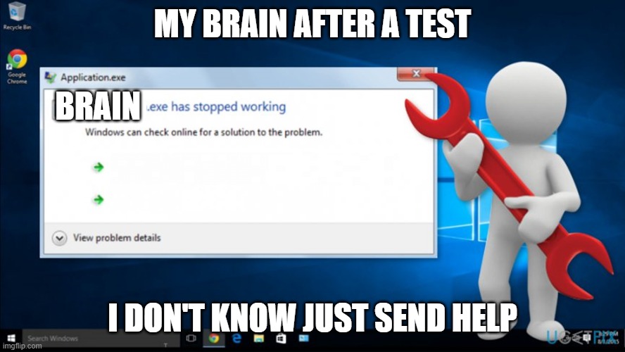 my brain after a frigging test | MY BRAIN AFTER A TEST; BRAIN; I DON'T KNOW JUST SEND HELP | image tagged in exe has stopped working | made w/ Imgflip meme maker