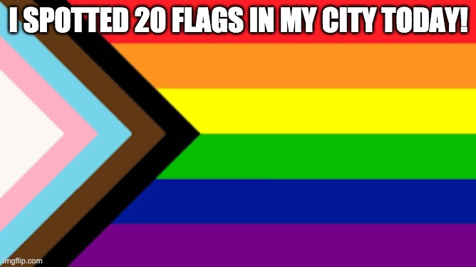 :D | I SPOTTED 20 FLAGS IN MY CITY TODAY! | image tagged in gay flag | made w/ Imgflip meme maker