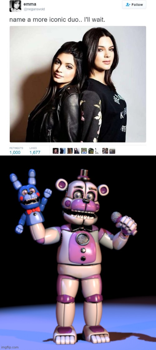 Funtime Freddy go brrr | image tagged in name a more iconic duo,bon bon go get 'em,fnaf,funtime freddy | made w/ Imgflip meme maker