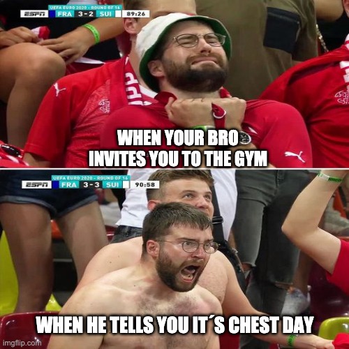Switz chest day | WHEN YOUR BRO INVITES YOU TO THE GYM; WHEN HE TELLS YOU IT´S CHEST DAY | image tagged in chest | made w/ Imgflip meme maker
