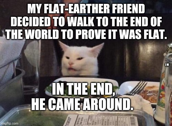 Salad cat | MY FLAT-EARTHER FRIEND DECIDED TO WALK TO THE END OF THE WORLD TO PROVE IT WAS FLAT. IN THE END, HE CAME AROUND. J M | image tagged in salad cat | made w/ Imgflip meme maker