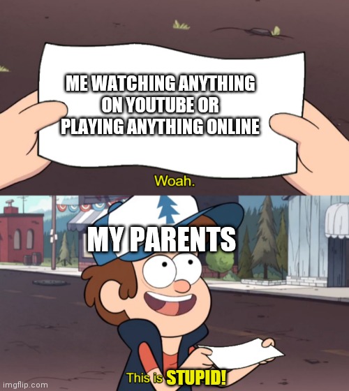 This is Worthless | ME WATCHING ANYTHING ON YOUTUBE OR PLAYING ANYTHING ONLINE; MY PARENTS; STUPID! | image tagged in this is worthless | made w/ Imgflip meme maker