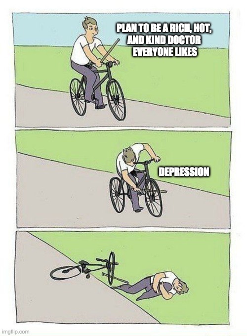 Falling Bike meme | PLAN TO BE A RICH, HOT, 
AND KIND DOCTOR 
EVERYONE LIKES; DEPRESSION | image tagged in falling bike meme | made w/ Imgflip meme maker