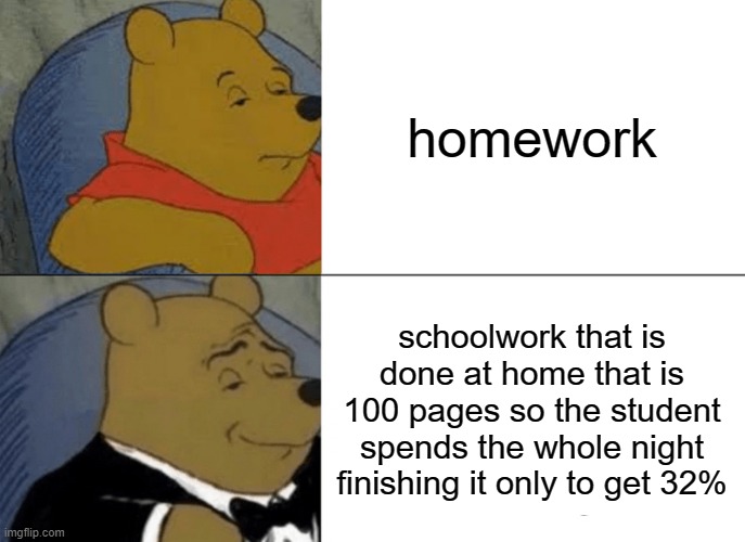 free epic pitanga | homework; schoolwork that is done at home that is 100 pages so the student spends the whole night finishing it only to get 32% | image tagged in memes,tuxedo winnie the pooh | made w/ Imgflip meme maker