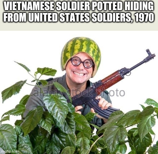 VIETNAMESE SOLDIER POTTED HIDING FROM UNITED STATES SOLDIERS, 1970 | made w/ Imgflip meme maker