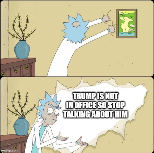 JUST STOP | TRUMP IS NOT IN OFFICE SO STOP TALKING ABOUT HIM | image tagged in rick rips wallpaper | made w/ Imgflip meme maker