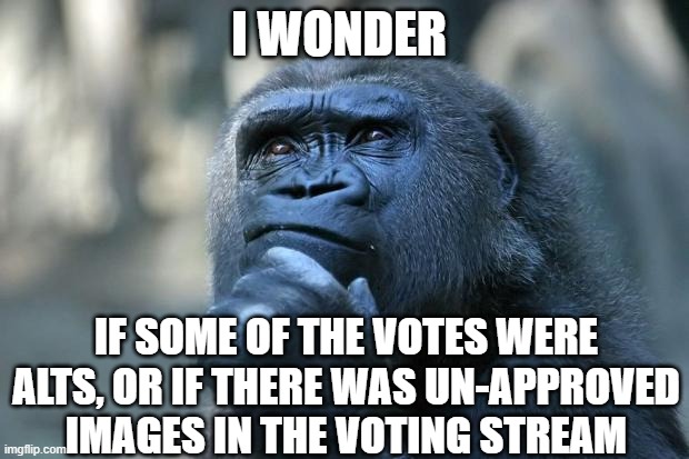 Deep Thoughts | I WONDER; IF SOME OF THE VOTES WERE ALTS, OR IF THERE WAS UN-APPROVED IMAGES IN THE VOTING STREAM | image tagged in deep thoughts | made w/ Imgflip meme maker