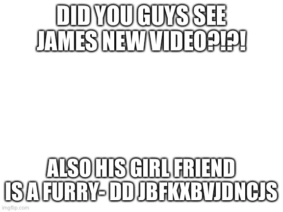 YES | DID YOU GUYS SEE JAMES NEW VIDEO?!?! ALSO HIS GIRL FRIEND IS A FURRY- DD JBFKXBVJDNCJS | image tagged in blank white template | made w/ Imgflip meme maker