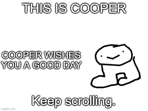 Cooper. | THIS IS COOPER; COOPER WISHES YOU A GOOD DAY; Keep scrolling. | image tagged in blank white template | made w/ Imgflip meme maker