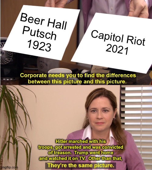 They're The Same Picture Meme | Beer Hall
Putsch 
1923 Capitol Riot 
2021 Hitler marched with his troops, got arrested and was convicted of treason.  Trump went home and wa | image tagged in memes,they're the same picture | made w/ Imgflip meme maker