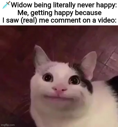 Awkward Cat | 🗡Widow being literally never happy:
Me, getting happy because I saw (real) me comment on a video: | image tagged in awkward cat | made w/ Imgflip meme maker