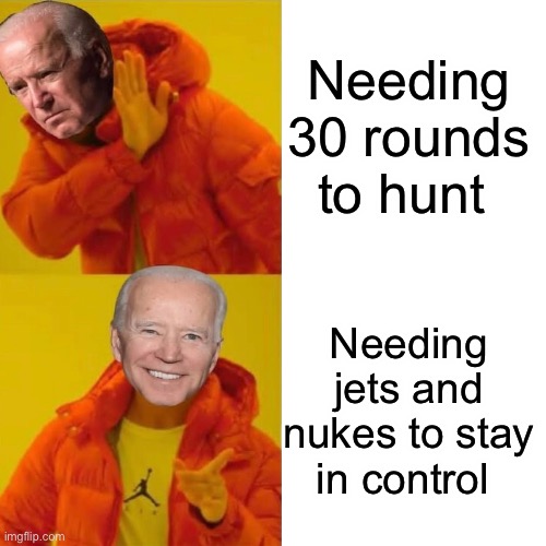 Poor hunter? Possibly. Poor government? Definitely | Needing 30 rounds to hunt; Needing jets and nukes to stay in control | image tagged in drake hotline bling,memes,joe biden,politics lol | made w/ Imgflip meme maker