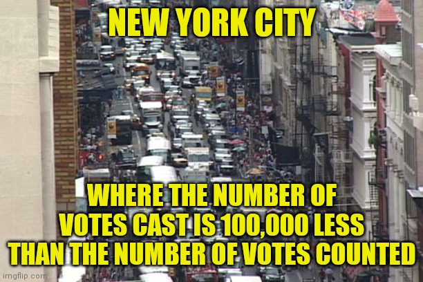 Enough of this voter suppression garbage. Democrats are cheating, here is your second piece if evidence, the NYC Mayoral race. | NEW YORK CITY; WHERE THE NUMBER OF VOTES CAST IS 100,000 LESS THAN THE NUMBER OF VOTES COUNTED | image tagged in nyc gridlock,voter fraud,democratic party,nyc | made w/ Imgflip meme maker