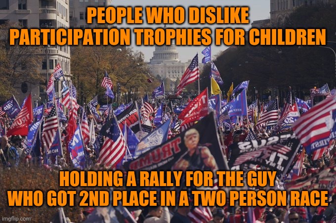 MAGA rally D.C. | PEOPLE WHO DISLIKE PARTICIPATION TROPHIES FOR CHILDREN; HOLDING A RALLY FOR THE GUY WHO GOT 2ND PLACE IN A TWO PERSON RACE | image tagged in maga rally d c | made w/ Imgflip meme maker