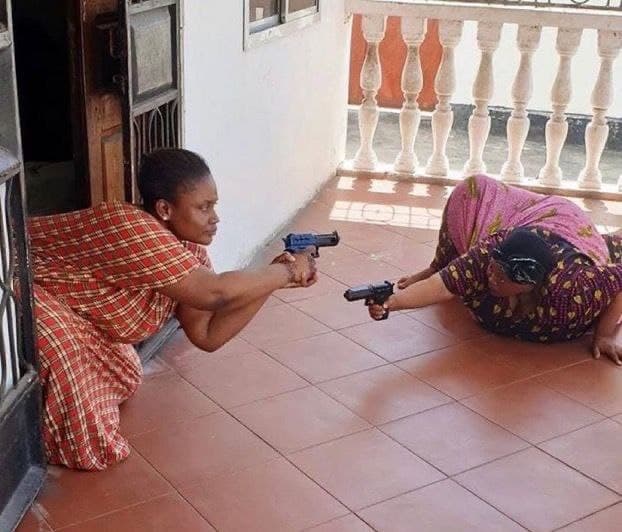 Two old women pointing gun Blank Meme Template