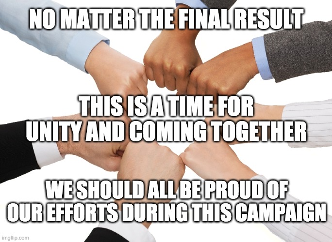 We're all in this together guys! This election was intense so let's not make it worse. | NO MATTER THE FINAL RESULT; THIS IS A TIME FOR UNITY AND COMING TOGETHER; WE SHOULD ALL BE PROUD OF OUR EFFORTS DURING THIS CAMPAIGN | image tagged in hands unity,memes,politics,election | made w/ Imgflip meme maker