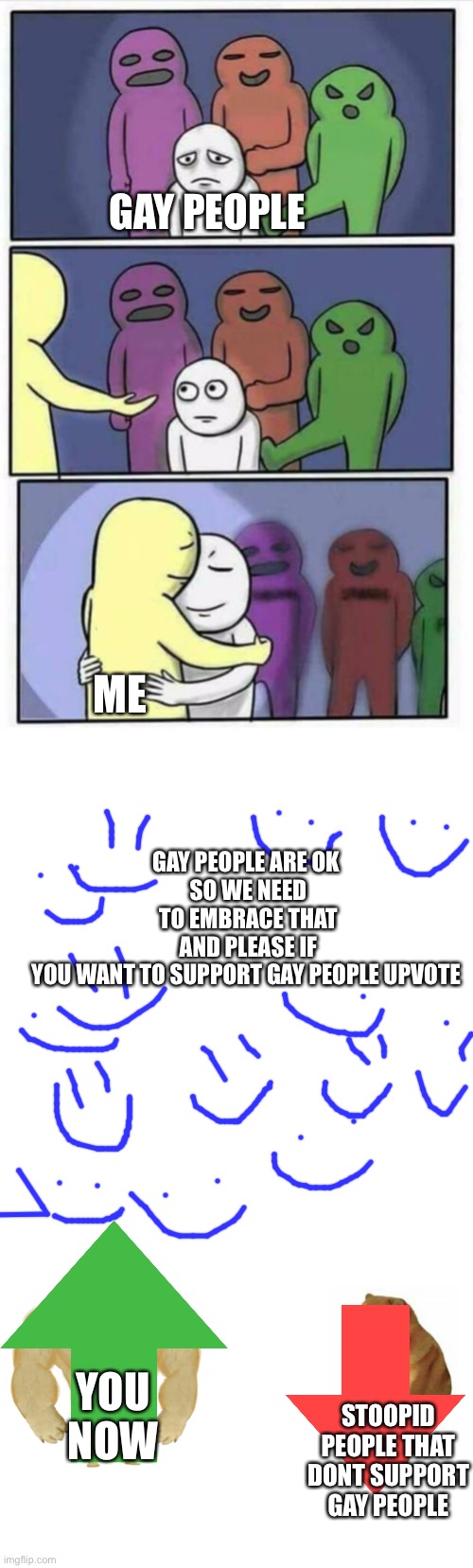 #GAYISOKAY | GAY PEOPLE; ME; GAY PEOPLE ARE OK 
SO WE NEED TO EMBRACE THAT
AND PLEASE IF YOU WANT TO SUPPORT GAY PEOPLE UPVOTE; YOU NOW; STOOPID PEOPLE THAT DONT SUPPORT GAY PEOPLE | image tagged in problems stress pain blank,memes,blank transparent square,buff doge vs cheems | made w/ Imgflip meme maker