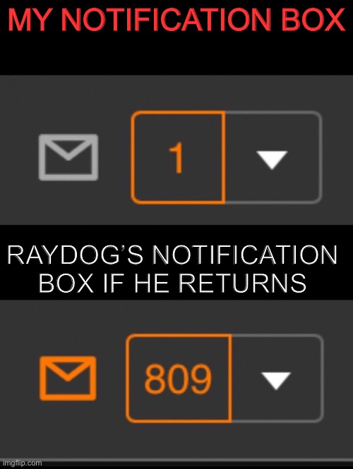 Quite literally |  MY NOTIFICATION BOX; RAYDOG’S NOTIFICATION BOX IF HE RETURNS | image tagged in 1 notification vs 809 notifications with message,raydog,memes | made w/ Imgflip meme maker