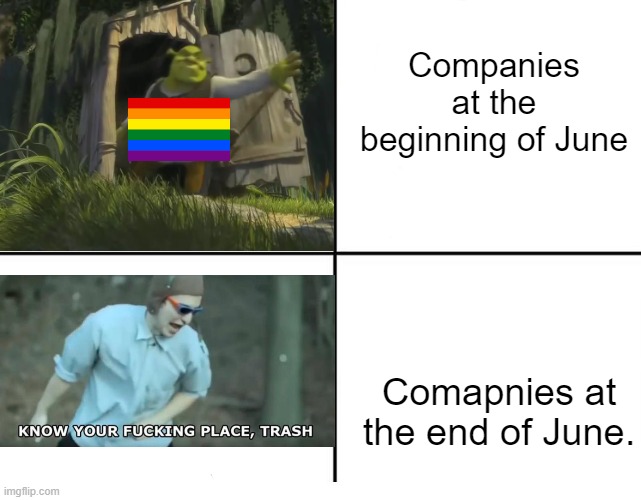 Companies at the beginning of June; Comapnies at the end of June. | image tagged in shrek,filthy frank,gay pride,company,memes,funny | made w/ Imgflip meme maker