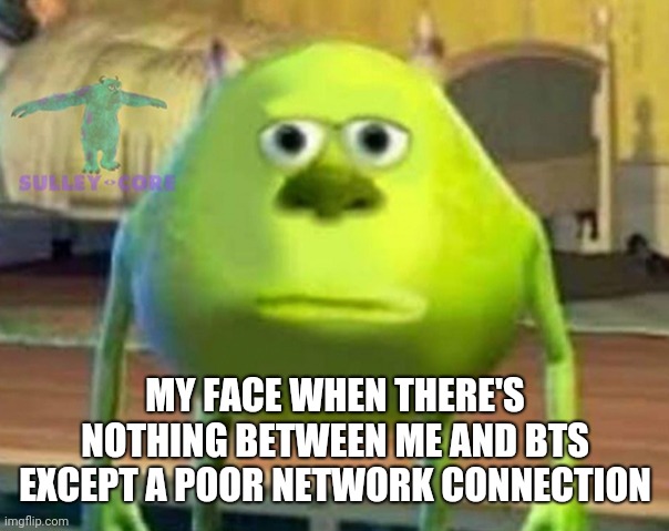 I hate my wifi | MY FACE WHEN THERE'S NOTHING BETWEEN ME AND BTS EXCEPT A POOR NETWORK CONNECTION | image tagged in monsters inc | made w/ Imgflip meme maker